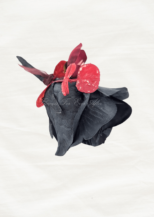 Artificial wedding boutonniere, overhead view of a black faux rosebud, burgundy blossoms and burgundy ribbon. For formals, proms and ball occasions. Made in Melbourne by Flowers For Ever After, shipping Australia and Worldwide.