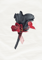 Artificial wedding boutonniere with a black faux rosebud, burgundy blossoms, burgundy ribbon and black-wrapped stem. For formals, proms and ball occasions. Made in Melbourne by Flowers For Ever After, shipping Australia and Worldwide.