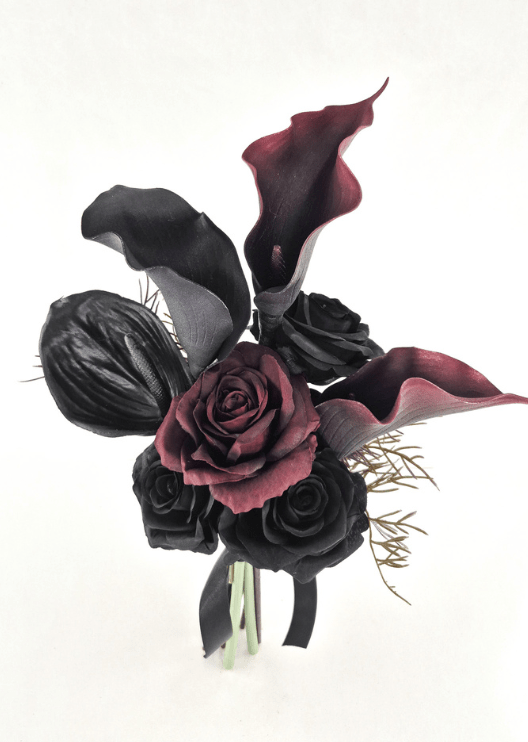 Artificial wedding bridesmaid bouquet, angled view of black and burgundy faux calla lilies and roses, black anthurium and fine bronze sprigs. Made in Melbourne by Flowers For Ever After, shipping Australia and Worldwide.