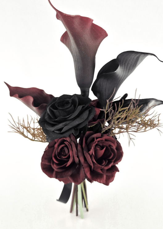 Artificial wedding bridesmaid bouquet, reverse view of black and burgundy faux roses and calla lilies with fine bronze sprigs. Made in Melbourne by Flowers For Ever After, shipping Australia and Worldwide.