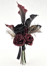 Artificial wedding bridesmaid bouquet with burgundy and black faux roses, dark calla lilies, fine bronze sprigs and black-wrapped stems. Made in Melbourne by Flowers For Ever After, shipping Australia and Worldwide.