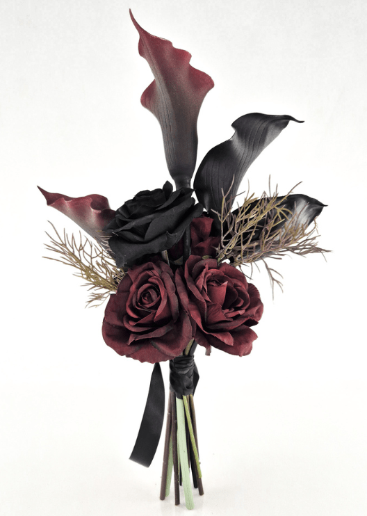 Artificial wedding bridesmaid bouquet with burgundy and black faux roses, dark calla lilies, fine bronze sprigs and black-wrapped stems. Made in Melbourne by Flowers For Ever After, shipping Australia and Worldwide.