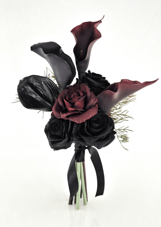 Artificial wedding bridesmaid bouquet with black and burgundy faux calla lilies and roses, a black anthurium, fine bronze sprigs and black ribbons. Made in Melbourne by Flowers For Ever After, shipping Australia and Worldwide.