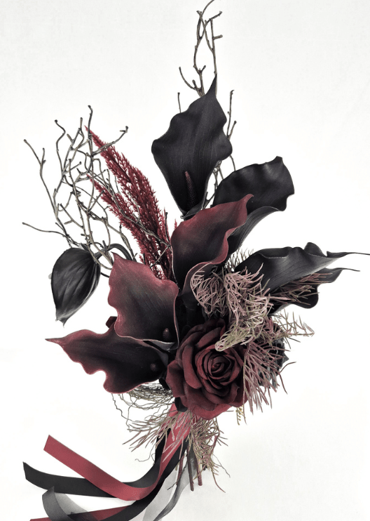 Artificial wedding bridal bouquet, front view of black and burgundy faux calla lilies and roses, bronze sprigs and black and burgundy ribbons. Made in Melbourne by Flowers For Ever After, shipping Australia and Worldwide.