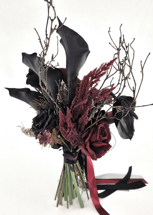 Artificial wedding bridal bouquet, reverse view of black faux calla lilies and roses, burgundy roses and plume-like sprigs with trailing ribbons. Made in Melbourne by Flowers For Ever After, shipping Australia and Worldwide.