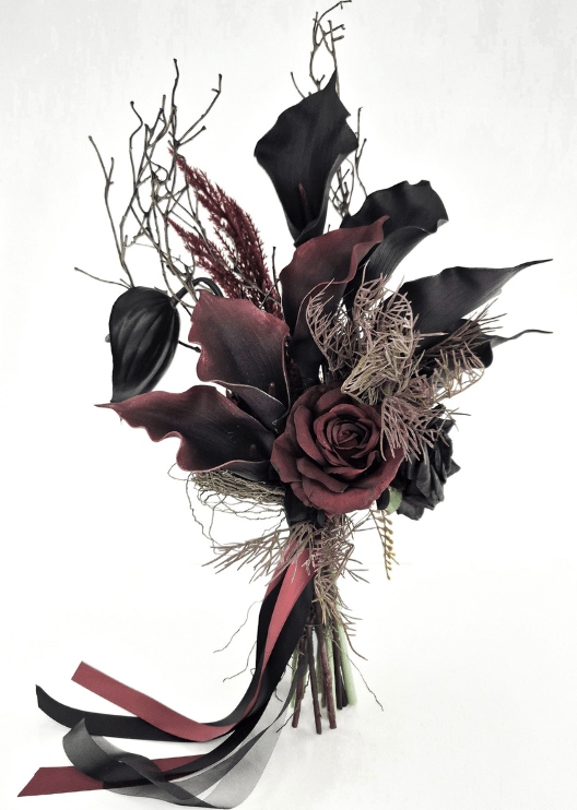 Artificial wedding bridal bouquet with black and burgundy faux calla lilies and roses, fine branching stems, bronze sprigs and trailing black and burgundy ribbons. Made in Melbourne by Flowers For Ever After, shipping Australia and Worldwide.