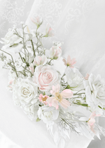 Artificial wedding table flower close-up with blush and white faux roses, pale pink open blooms and fine white sprigs. Made in Melbourne by Flowers For Ever After, shipping Australia and Worldwide.