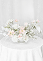 Artificial wedding table arrangement with blush and white faux roses, white dahlias, pale pink open blooms and tiny white sprigs. Made in Melbourne by Flowers For Ever After, shipping Australia and Worldwide.