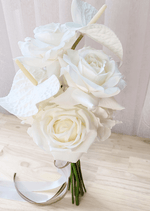 Artificial wedding bouquet close-up showing white faux anthuriums, roses and ranunculus above gathered stems. Made in Melbourne by Flowers For Ever After, shipping Australia and Worldwide.
