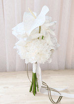 Artificial wedding bridesmaid bouquet with white faux anthurium, dahlia and roses, white wrapping and long ribbon tails. Made in Melbourne by Flowers For Ever After, shipping Australia and Worldwide.