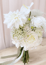 Artificial wedding bouquet detail showing white faux dahlia, anthurium, ranunculus and cream flower clusters. Made in Melbourne by Flowers For Ever After, shipping Australia and Worldwide.
