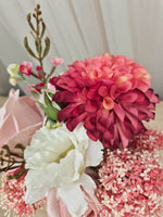 A faux flower bridesmaid bouquet in different shades of pink and white.  Realistic vibrant dahlia, and soft blush pink roses.  Made in Melbourne Australia, by Australia's best online silk bridal florist