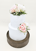 Artificial wedding cake flower set with faux roses and green foliage in separate clusters. For birthday, event and celebration cakes. Made in Melbourne by Flowers For Ever After, shipping Australia and Worldwide.