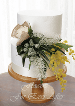 Artificial wedding cake flower set with red faux bottlebrush, yellow wattle and grey-green leaves in separate arrangements. For birthday, event and celebration cakes. Made in Melbourne by Flowers For Ever After, shipping Australia and Worldwide.