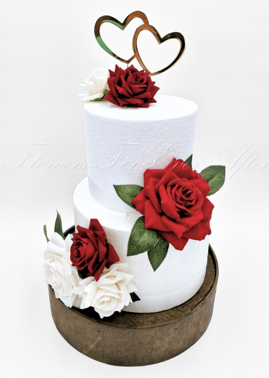 Artificial wedding cake flower set with mixed faux blooms and green leaves in separate floral clusters. For birthday, event and celebration cakes. Made in Melbourne by Flowers For Ever After, shipping Australia and Worldwide.