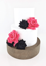Artificial wedding cake decoration with faux flowers arranged in clusters across two tiers. For birthday, event and celebration cakes. Made in Melbourne by Flowers For Ever After, shipping Australia and Worldwide.