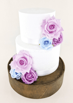 Artificial wedding cake decoration with faux rose clusters placed at the upper and lower tiers. For birthday, event and celebration cakes. Made in Melbourne by Flowers For Ever After, shipping Australia and Worldwide.