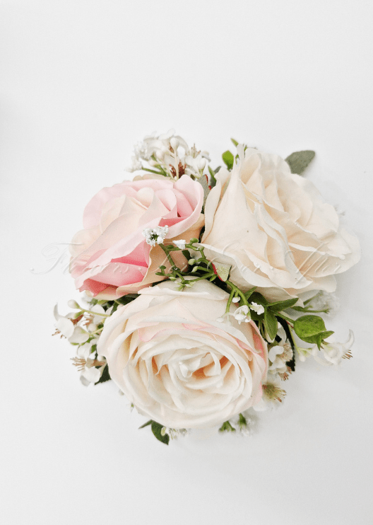 Artificial wedding cake decoration with faux rose clusters arranged across two tiers. For birthday, event and celebration cakes. Made in Melbourne by Flowers For Ever After, shipping Australia and Worldwide.