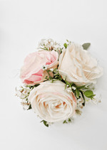 Artificial wedding cake decoration with faux rose clusters arranged across two tiers. For birthday, event and celebration cakes. Made in Melbourne by Flowers For Ever After, shipping Australia and Worldwide.
