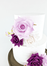 Artificial wedding cake floral close-up showing layered faux rose petals. For birthday, event and celebration cakes. Made in Melbourne by Flowers For Ever After, shipping Australia and Worldwide.