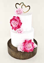 Artificial wedding cake decoration with blue and white faux roses arranged in clusters across two tiers. For birthday, event and celebration cakes. Made in Melbourne by Flowers For Ever After, shipping Australia and Worldwide.