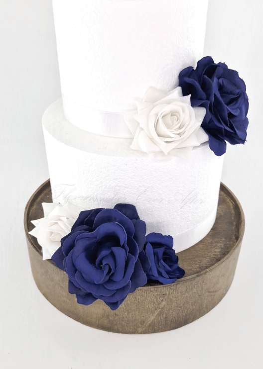 Artificial wedding cake flower pieces, angled view of layered faux rose petals and mounting wires. For birthday, event and celebration cakes. Made in Melbourne by Flowers For Ever After, shipping Australia and Worldwide.