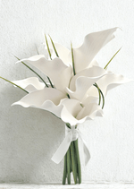 Artificial wedding hand-tied bouquet with white faux calla lilies, long narrow green leaves and a white ribbon bow. Made in Melbourne by Flowers For Ever After, shipping Australia and Worldwide.