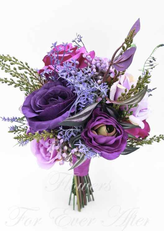 Artificial wedding bridesmaid bouquet close-up with white faux roses, pale blooms and green foliage. Made in Melbourne by Flowers For Ever After, shipping Australia and Worldwide.