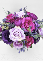 Artificial wedding bridal bouquet, angled view of white faux roses, white flowers and trailing ivory ribbon. Made in Melbourne by Flowers For Ever After, shipping Australia and Worldwide.