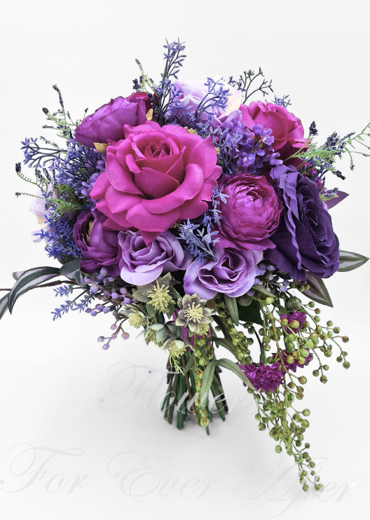 Artificial wedding bridal bouquet with white faux roses, white blooms, grey-green foliage and trailing ivory ribbon. Made in Melbourne by Flowers For Ever After, shipping Australia and Worldwide.