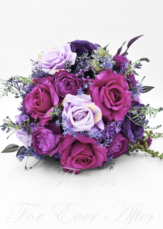 Artificial wedding bridal bouquet close-up with white faux roses, pale blooms and green foliage. Made in Melbourne by Flowers For Ever After, shipping Australia and Worldwide.