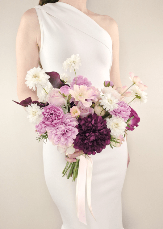 Artificial wedding bridal bouquet, front view of lilac, burgundy and white faux blooms and green leaves. Made in Melbourne by Flowers For Ever After, shipping Australia and Worldwide.