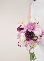 Artificial wedding bridesmaid bouquet close-up showing lilac, burgundy and white faux flower petals. Made in Melbourne by Flowers For Ever After, shipping Australia and Worldwide.
