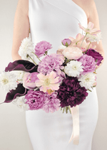 Artificial wedding bridal bouquet, side view of lilac, burgundy and white faux blooms and wrapped stems. Made in Melbourne by Flowers For Ever After, shipping Australia and Worldwide.