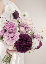Artificial wedding bridal bouquet close-up showing lilac, burgundy and white faux flower petals. Made in Melbourne by Flowers For Ever After, shipping Australia and Worldwide.