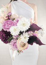 Artificial wedding bridal bouquet, reverse view of lilac, burgundy and white faux flowers and green foliage. Made in Melbourne by Flowers For Ever After, shipping Australia and Worldwide.