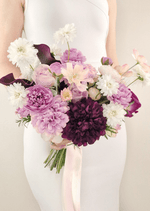 Artificial wedding bridal bouquet with lilac, burgundy and white faux flowers, green foliage and wrapped stems. Made in Melbourne by Flowers For Ever After, shipping Australia and Worldwide.