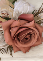 Artificial wedding corsage detail showing dusty pink faux rose petals, champagne blooms, ivory ribbons and brown sprigs. For formals, proms and ball occasions. Made in Melbourne by Flowers For Ever After, shipping Australia and Worldwide.