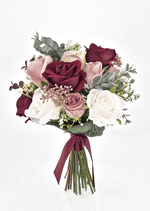 Artificial wedding bridesmaid bouquet with burgundy, blush and white faux roses, bronze flower clusters, eucalyptus and burgundy ribbon bow. Made in Melbourne by Flowers For Ever After, shipping Australia and Worldwide.