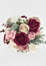 Artificial wedding bouquet close-up with burgundy, blush, beige and white faux roses, eucalyptus and bronze flower clusters. Made in Melbourne by Flowers For Ever After, shipping Australia and Worldwide.