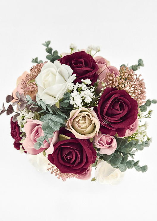 Artificial wedding bouquet, overhead view of burgundy, blush, beige and white faux roses, bronze flower clusters and eucalyptus. Made in Melbourne by Flowers For Ever After, shipping Australia and Worldwide.