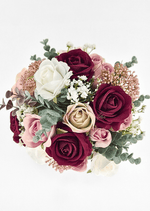 Artificial wedding bouquet, overhead view of burgundy, blush, beige and white faux roses, bronze flower clusters and eucalyptus. Made in Melbourne by Flowers For Ever After, shipping Australia and Worldwide.
