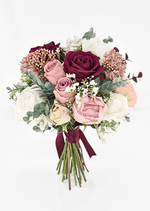 Artificial wedding bouquet, reverse view of burgundy, blush and white faux roses, bronze flower clusters, eucalyptus and burgundy ribbon. Made in Melbourne by Flowers For Ever After, shipping Australia and Worldwide.