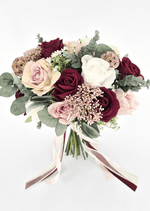 Artificial wedding bridal bouquet, front view of burgundy, blush and white faux roses, tan seedpods, bronze clusters and eucalyptus. Made in Melbourne by Flowers For Ever After, shipping Australia and Worldwide.