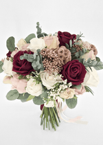 Artificial wedding bridal bouquet, reverse view of burgundy and white faux roses, bronze clusters, tan seedpods and eucalyptus. Made in Melbourne by Flowers For Ever After, shipping Australia and Worldwide.