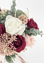Artificial wedding bouquet close-up with white and burgundy faux roses, tan seedpod, bronze clusters and eucalyptus. Made in Melbourne by Flowers For Ever After, shipping Australia and Worldwide.