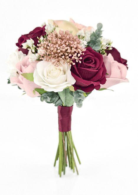 Artificial wedding small bouquet with burgundy, blush and white faux roses, bronze flower clusters, eucalyptus and burgundy-wrapped stems. Made in Melbourne by Flowers For Ever After, shipping Australia and Worldwide.