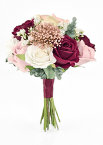 Artificial wedding small bouquet with burgundy, blush and white faux roses, bronze flower clusters, eucalyptus and burgundy-wrapped stems. Made in Melbourne by Flowers For Ever After, shipping Australia and Worldwide.