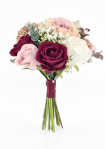 Artificial wedding small bouquet with burgundy, blush and white faux roses, bronze flower clusters, eucalyptus and burgundy-wrapped stems. Made in Melbourne by Flowers For Ever After, shipping Australia and Worldwide.