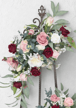 Artificial wedding large arbor spray with burgundy, blush and white faux roses, tiny white flowers and trailing eucalyptus. Made in Melbourne by Flowers For Ever After, shipping Australia and Worldwide.